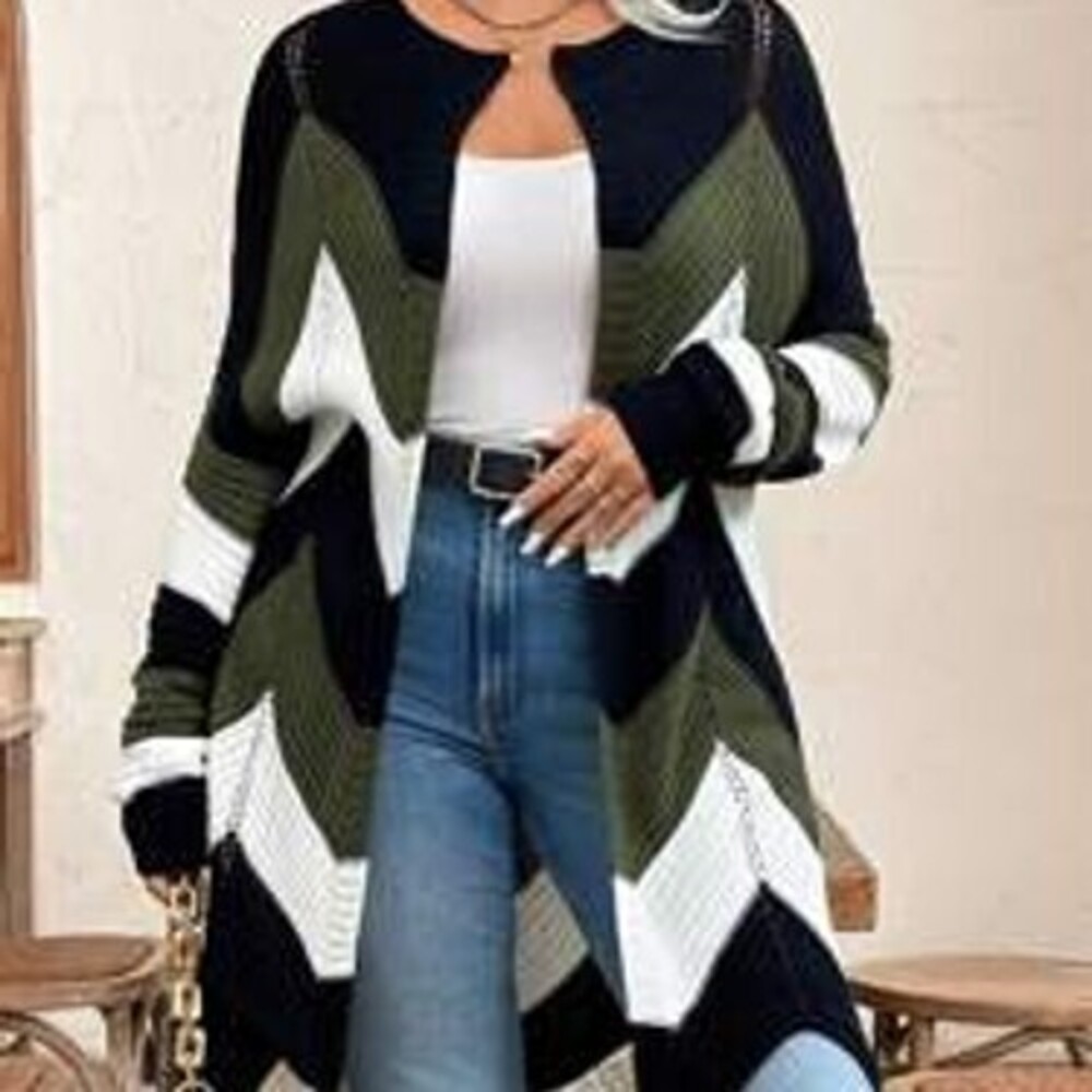 Women's Long Sleeve Knit Cardigan - Green/Black/White Color Block